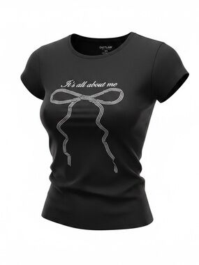 Outlaw EUC Women’s Black Rhinestone Bow Graphic Tee - 'It's All About Me'